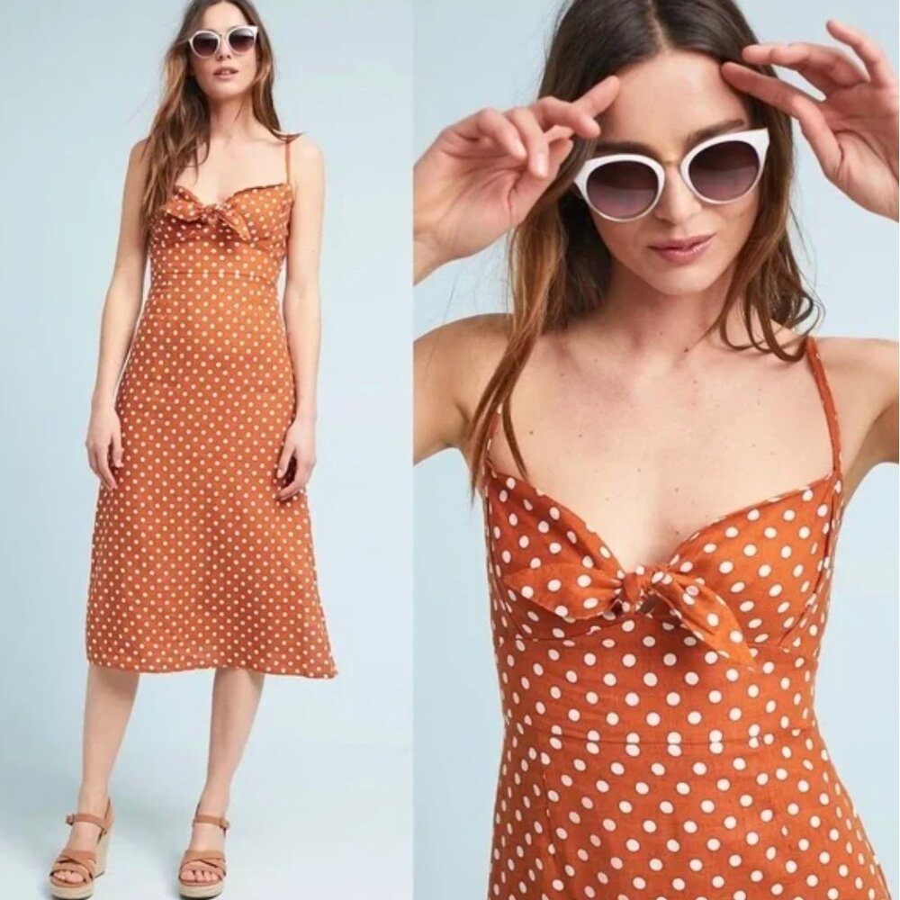 NWT Anthropology Faithfull the Brand Brown and White Polka Dot linen Dress